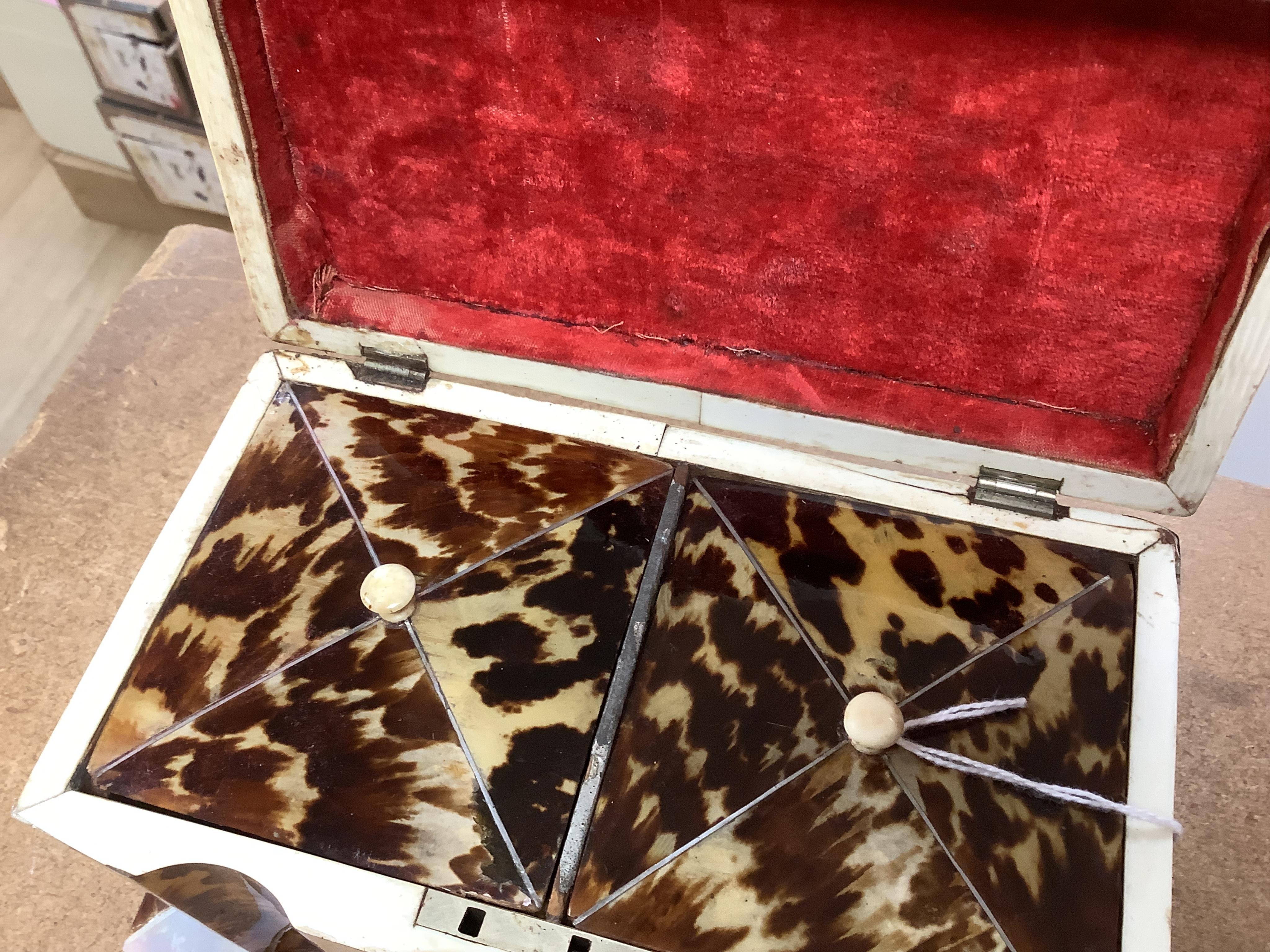 A mid 19th century decorative tortoiseshell and mother of pearl tea caddy, 20cm wide x 12.5cm high CITES Submission reference CXXC25Q1